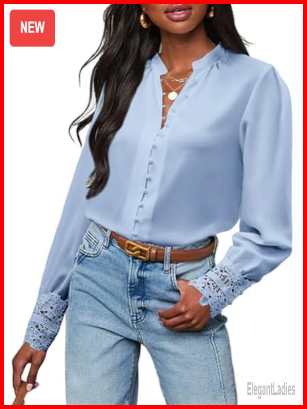 Womens Chiffon Button Down Blouse Long Sleeve Lace Cuff Business Shirt